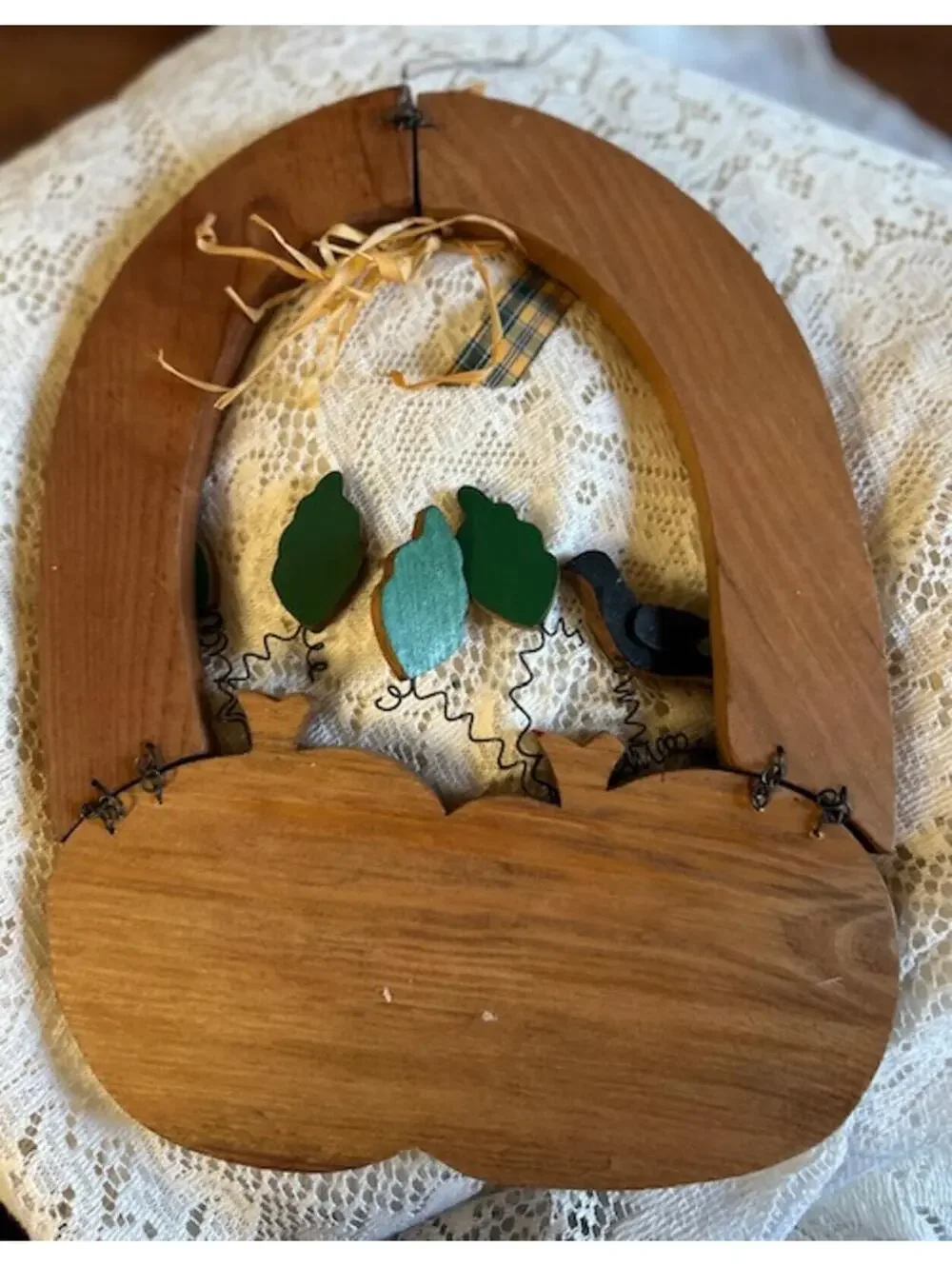Rustic Wooden Pumpkin Basket Wall Decor with Bird and Leaves